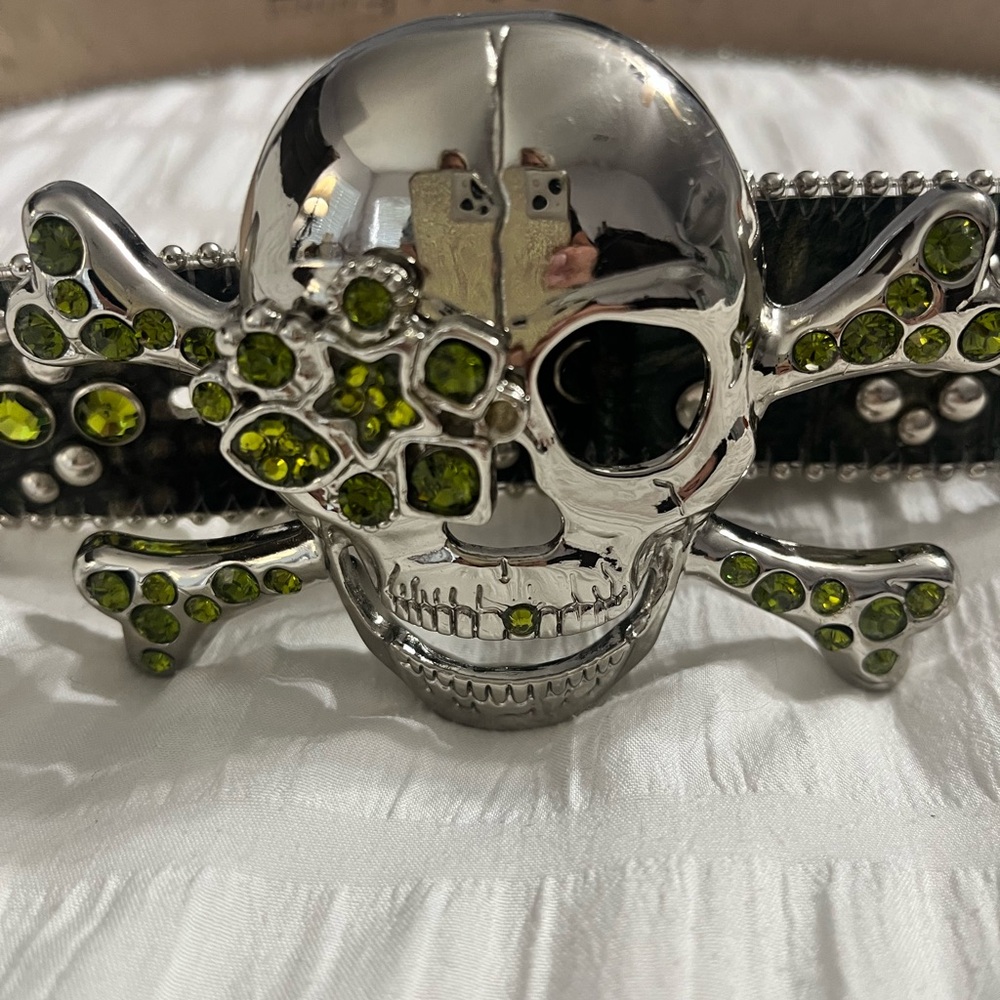 Silver Skull Belt with Green Gem Accents